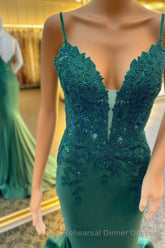 Hunter Green Floral Plunging V Mermaid Long Semi Formal Prom Dress